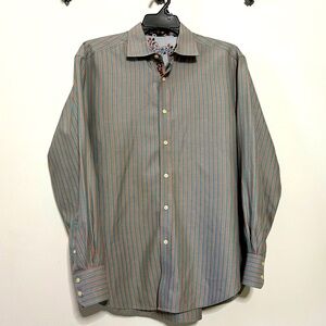 ROBERT GRAHAM Shirt Cotton Stripe Sage Green Coral Size XL Christmas